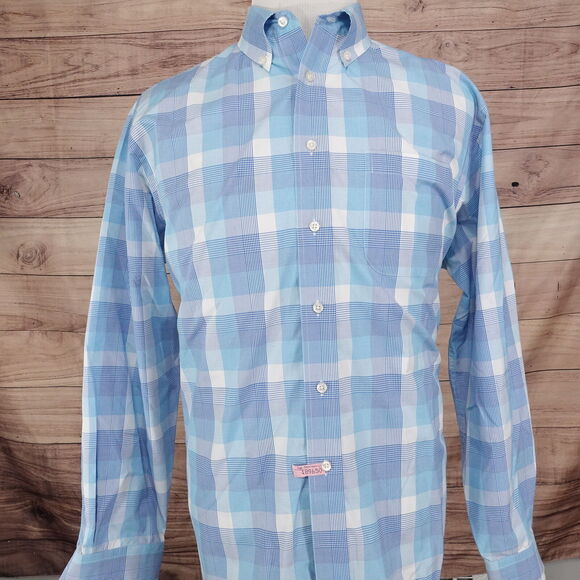 JOS A BANK TRAVELER'S COLLECTION BLUE CHECK BUTTON DOWN SHIRT MENS L **READ - Picture 3 of 8